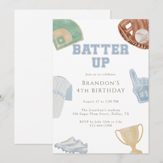 Batter up Preppy Blue Baseball Bow 4th Birthday 招待状 (正面/裏面)