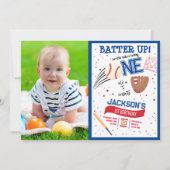 Batter up Rookieかわいい野球の写真1st誕生日 招待状 (正面)