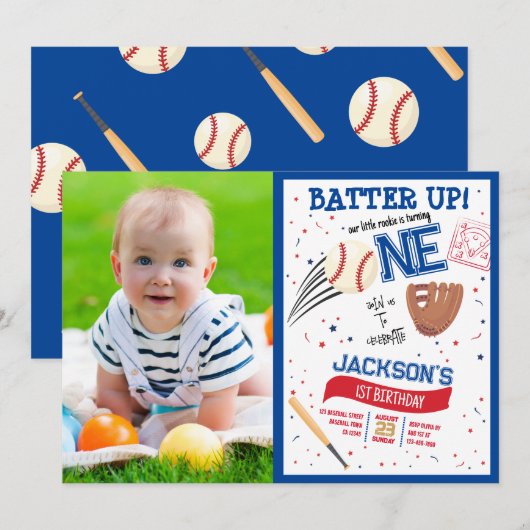 Batter up Rookieかわいい野球の写真1st誕生日 招待状 (正面/裏面)