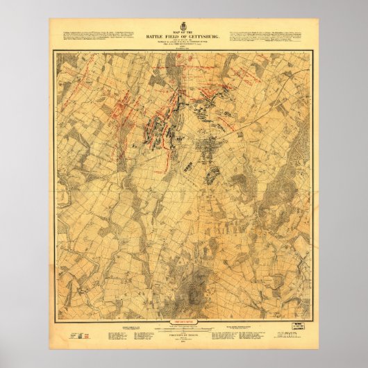 Battlefield of Gettysburg Map by John Bachelder ポスター (正面)