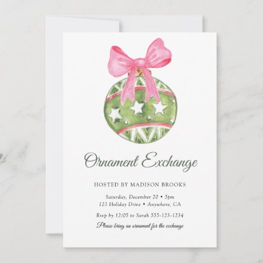 Bauble Pink Bow Ornament Exchange Christmas Party 招待状 (正面)