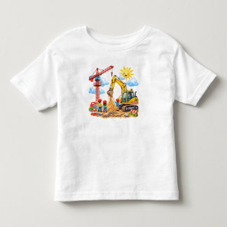 Baustellenscene mit Kran, Bagger und kleine Helfer トドラーTシャツ