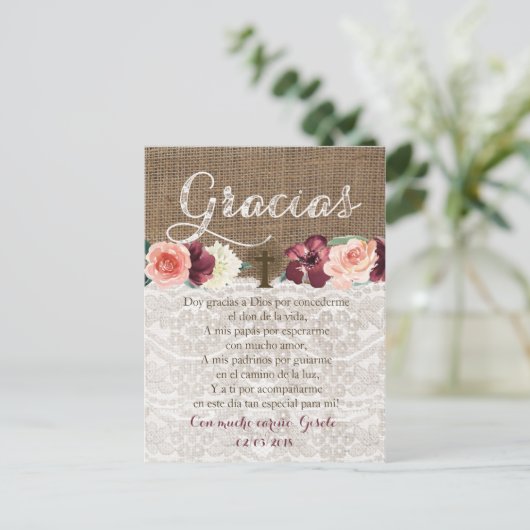 Bautismoのためのスペイン語の祈りの言葉のサンキューカード インビテーションポストカード (スタンド正面)