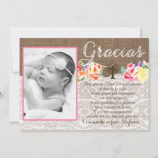 Bautismoの洗礼はスペイン語の女の子のために感謝していしています サンキューカード (正面)