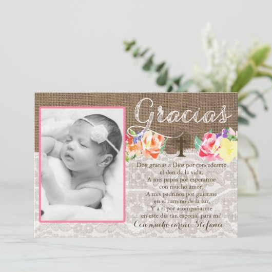 Bautismoの洗礼はスペイン語の女の子のために感謝していしています サンキューカード (スタンド正面)