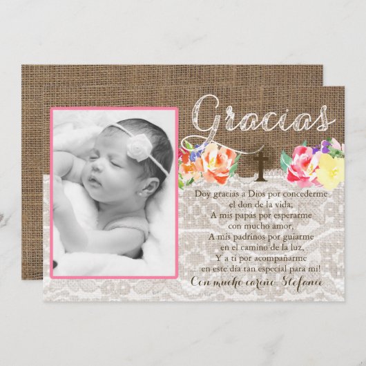 Bautismoの洗礼はスペイン語の女の子のために感謝していしています サンキューカード (正面/裏面)