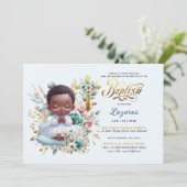 BAUTIZOブラックエレガントベビーターコイズ金ゴールドフローラ 招待状 (スタンド正面)