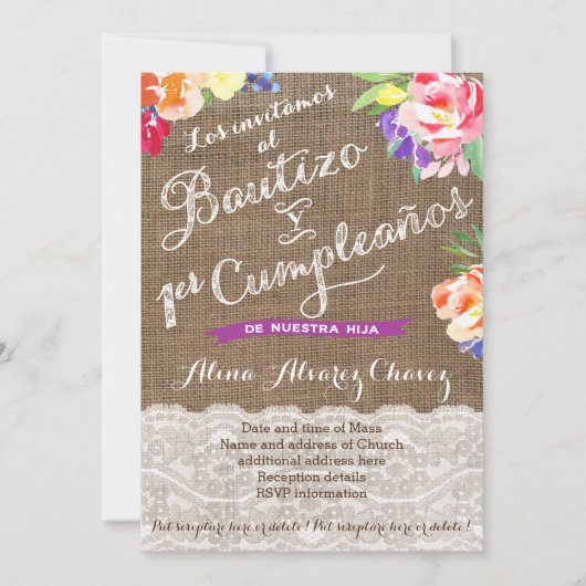 Bautizo y 1erクンプル、明るいメキシコの花模様 招待状 (正面)