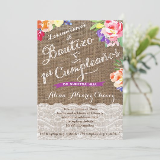 Bautizo y 1erクンプル、明るいメキシコの花模様 招待状 (スタンド正面)