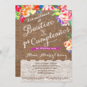 Bautizo y 1erクンプル、明るいメキシコの花模様 招待状 (正面/裏面)
