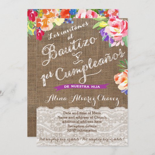 Bautizo y 1erクンプル、明るいメキシコの花模様 招待状 (正面/裏面)