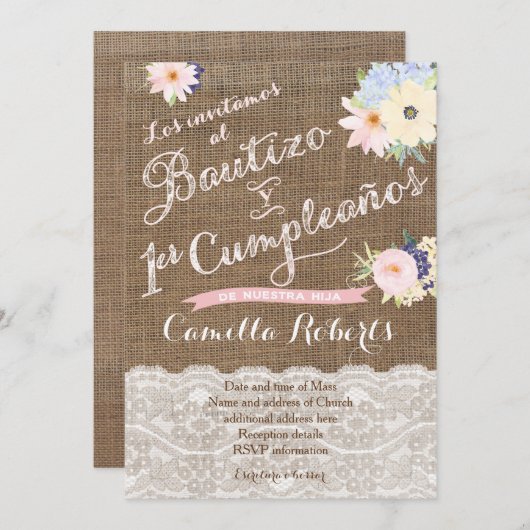 Bautizo y 1er cumpleanos, invitaciones parniana 招待状 (正面/裏面)