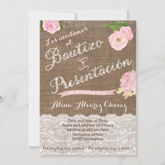 Bautizo y presentacion，ニーニャ， arpillera, encaje 招待状 (正面)