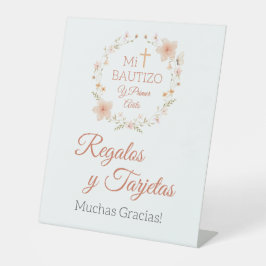Bautizo y Primer Anito水彩ピンク色の花 台座サイン