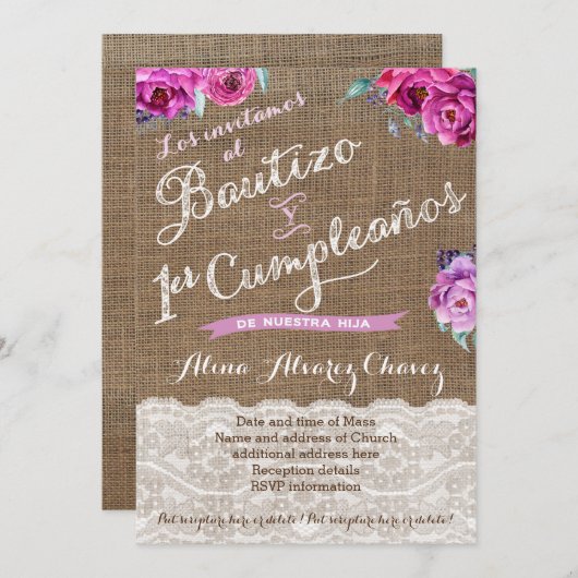 Bautizo y primer cumpleanos, invitacion castelano 招待状 (正面/裏面)