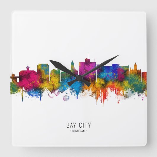 Bay City Michigan Skyline スクエア壁時計 (正面)