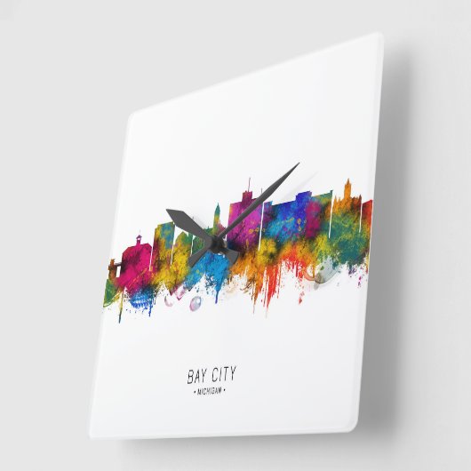 Bay City Michigan Skyline スクエア壁時計 (傾斜)