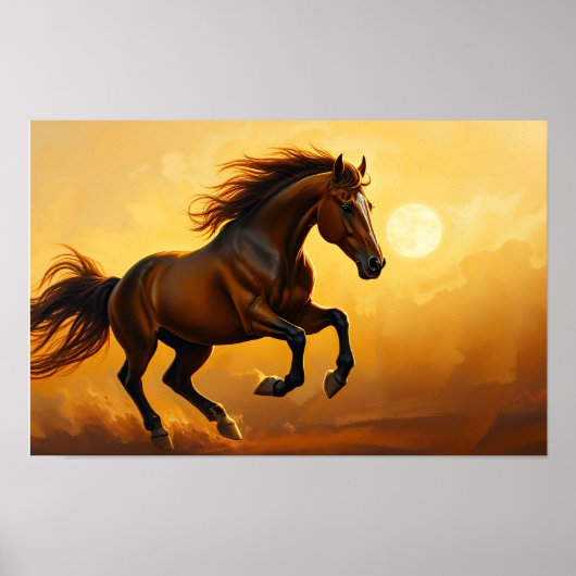 Bay Horse Gallops, Sunset Sky, Flowing Mane ポスター (正面)