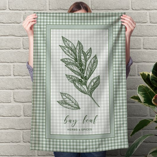 Bay Leaf Herb Kitchen Towel – Green Gingham Border キッチンタオル
