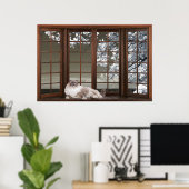 Bay Window Illusion with Cat on the Sill Poster ポスター (ホームオフィス)