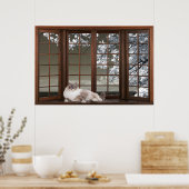 Bay Window Illusion with Cat on the Sill Poster ポスター (キッチン)