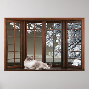 Bay Window Illusion with Cat on the Sill Poster ポスター