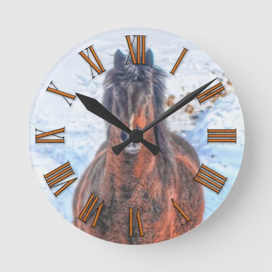 Bay Winter Horse "Year of the Horse"の写真ウマ科の ラウンド壁時計 (正面)