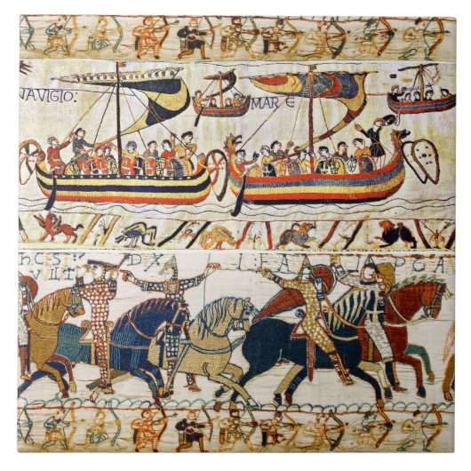 BAYEUX TAPESTRY NORMAN KNIGHTS,バイキング船，射手 タイル (正面)