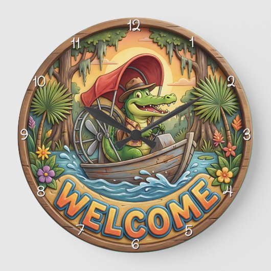 Bayou Welcome Airboat Gator ラージ壁時計 (正面)