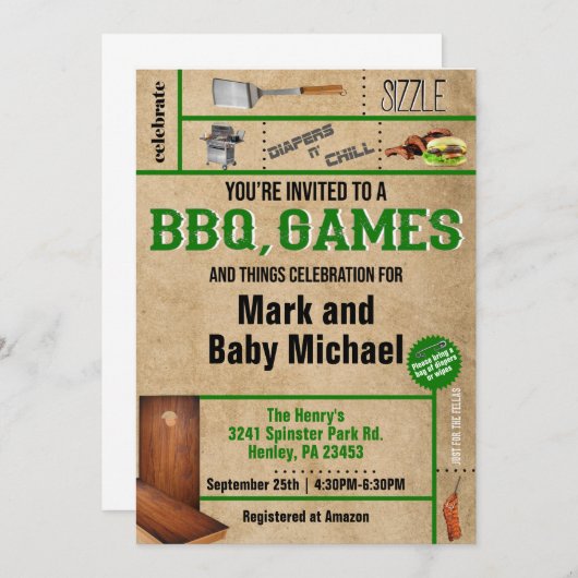 BBQとゲームパパベビーシャワー招待状 招待状 (正面/裏面)