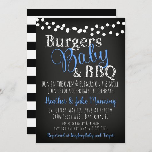 BBQのハンバーガーのベビーの男女共学の男の子のベビーシャワーの招待状 招待状 (正面/裏面)