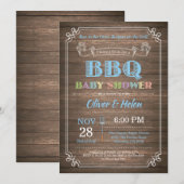 BBQのベビーシャワーの招待状の素朴な木製の青 招待状 (正面/裏面)