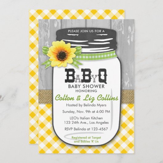 BBQのメーソンジャーのベビーシャワーの招待状の黄色緑 招待状 (正面/裏面)