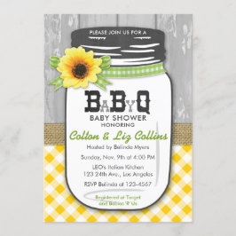 BBQのメーソンジャーのベビーシャワーの招待状の黄色緑 招待状
