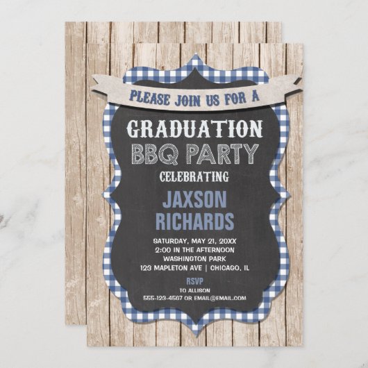 BBQの卒業、青いピクニックパーティーの卒業 招待状 (正面/裏面)