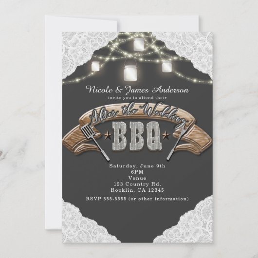 BBQの後結婚にメイスンの瓶の灯りとレースを踊る 招待状 (正面)