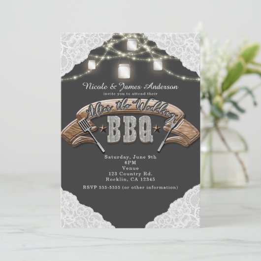 BBQの後結婚にメイスンの瓶の灯りとレースを踊る 招待状 (スタンド正面)