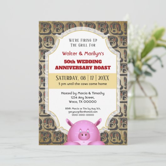 BBQの結婚アニバーサリーピグローストパーティー招待状 招待状 (スタンド正面)