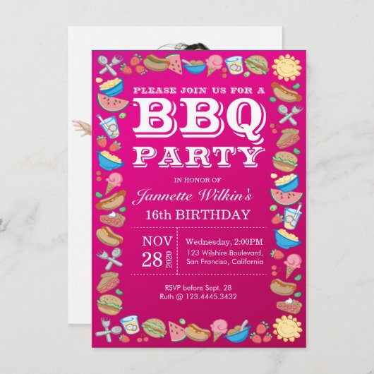 BBQの誕生日の菓子の第16パーティーのテーマのバーベキュー 招待状 (正面/裏面)