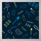 BBQアイコンパターングリル工具ミートフード ポスター (正面)