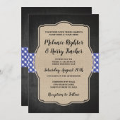 BBQウェディング招待青ジンガムチョークバーラップ 招待状 (正面/裏面)