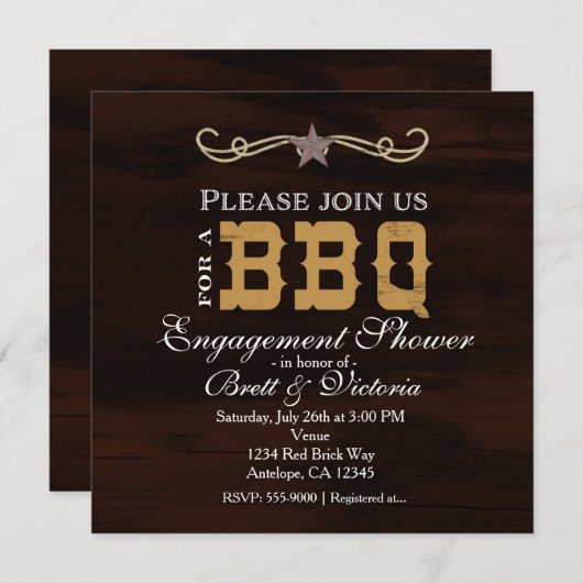 BBQウエスタンウッド婚約カップルシャワーパーティー 招待状 (正面/裏面)