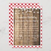 BBQウッドレッドギンガム素朴ピクニック誕生パーティー 招待状 (正面/裏面)