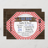 BBQカップル素朴のシャワーを行う木製ギンガム 招待状 (正面/裏面)