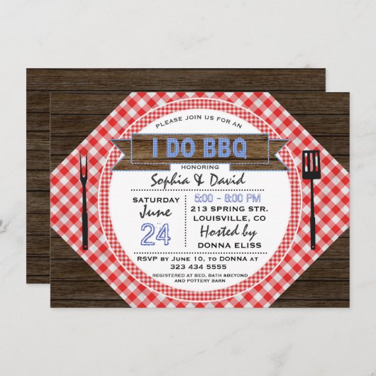 BBQカップル素朴のシャワーを行う木製ギンガム 招待状 (正面/裏面)