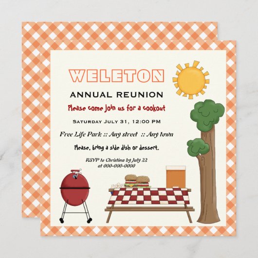 BBQクックアウトファミリー懇親会、オレンジジンガム縁ど 招待状 (正面/裏面)