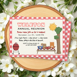 BBQクックアウトファミリー懇親会、赤いジンガム縁ど 招待状