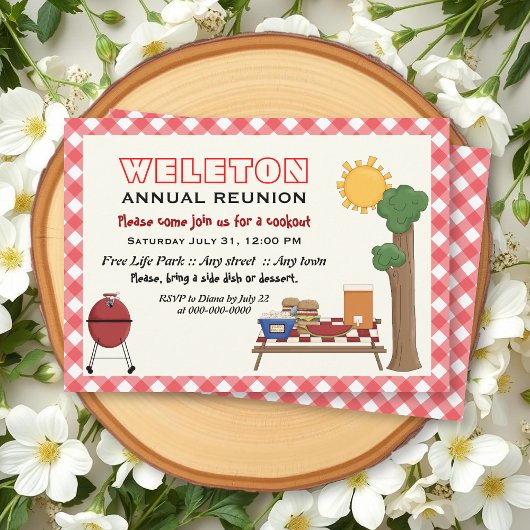 BBQクックアウトファミリー懇親会、赤いジンガム縁ど 招待状