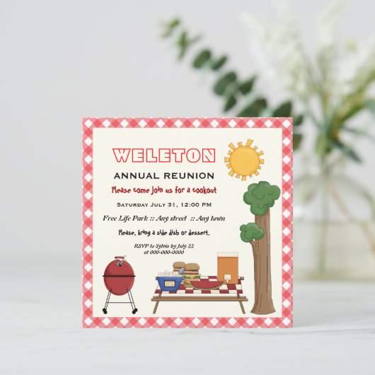 BBQクックアウトファミリー懇親会、赤いジンガム縁ど 招待状 (スタンド正面)