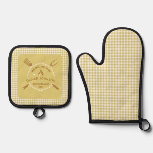 BBQゴールデンイエロープレイドパターンの芸術 鍋つかみ&鍋敷きセット (正面)